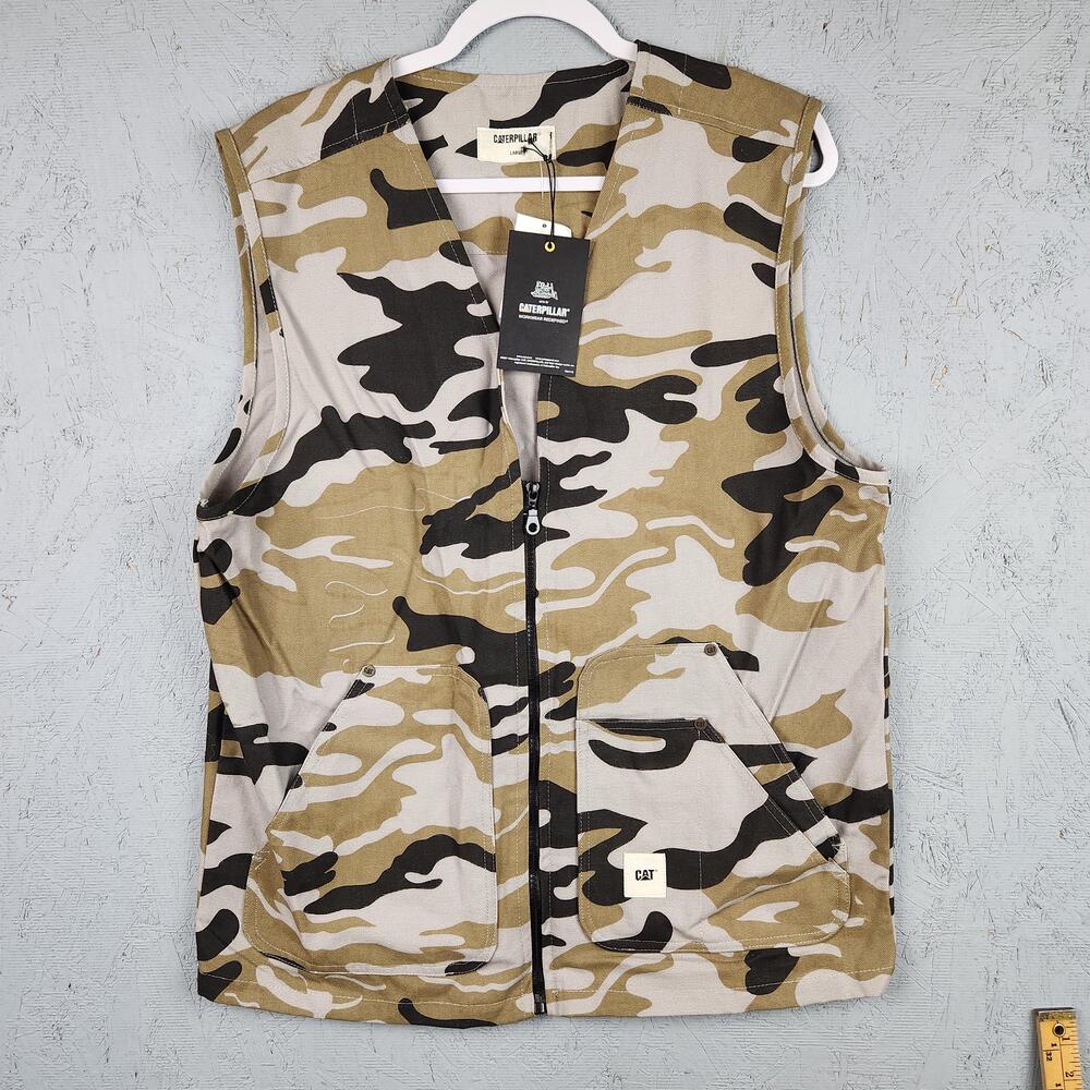 Caterpillar Vest Mens Large Camo Canvas Full Zip Utility Military Workwear Italy